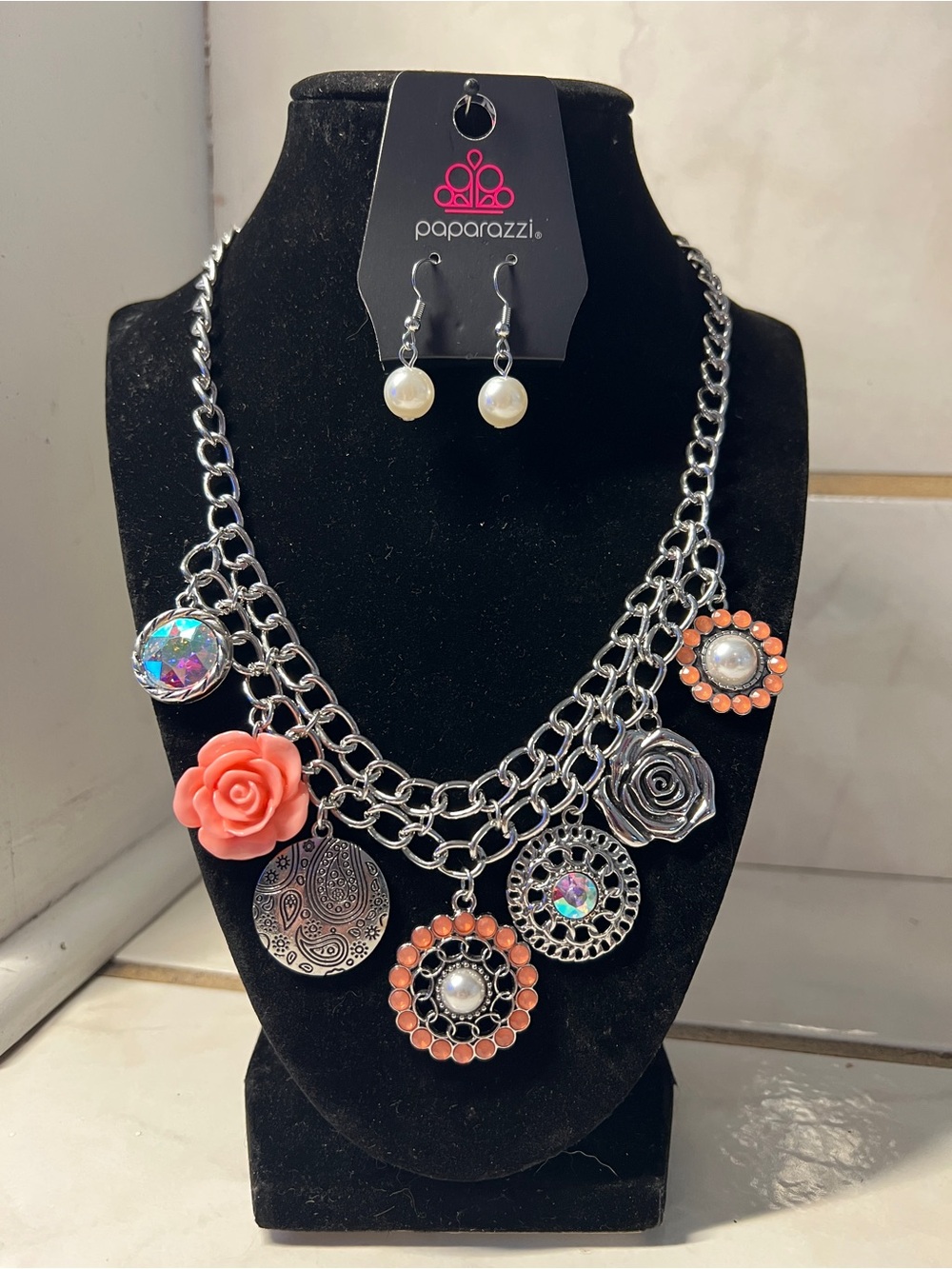 Paparazzi Coral Rose Charm Necklace with Pearl Drop Earrings